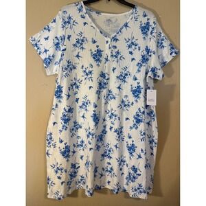 Croft & Barrow Nightgown Women 2X Blue White Floral Butterfly Sleep Shirt NEW